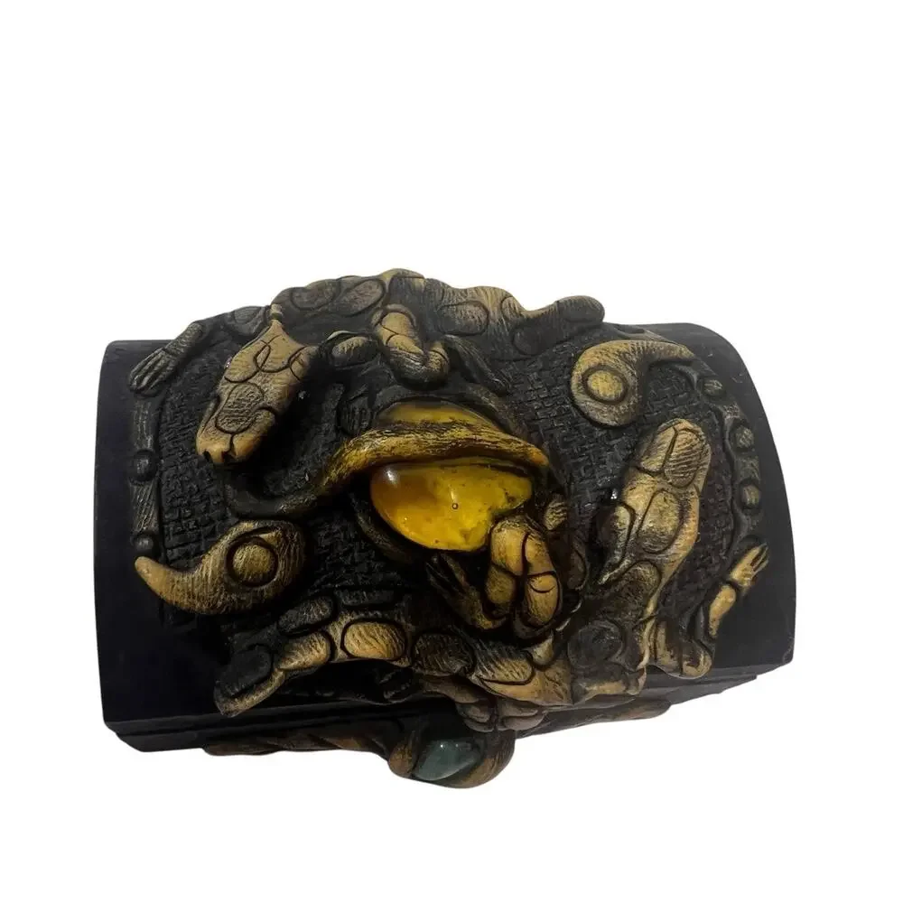 Southeast Asian Wooden Handmade Trinket Box Crocodile Carved Semi-precious Stone